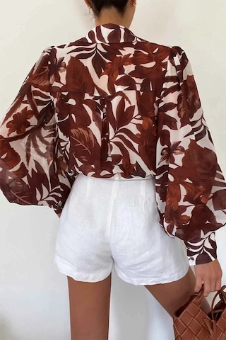 Aymer Fleetwood Blouse - Rahat Kesimli, Düğmeli, Uzun Püskül Kol Bluz Kahverengi