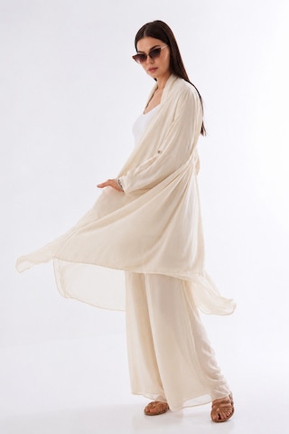 Bohem Stil Itayan Ipek Detaylı Oversize Kaftan- Pantolon Takım Krem