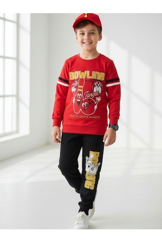 Zekids Erkek Çocuk Pamuklu Bowling Baskılı Pijama Takımı-16821 Kırmızı