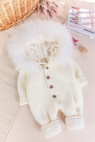 Triko Örgü Kışlık İçi Welsoft Astarlı Kapüşonlu Kız/erkek Bebek Tulum Krem