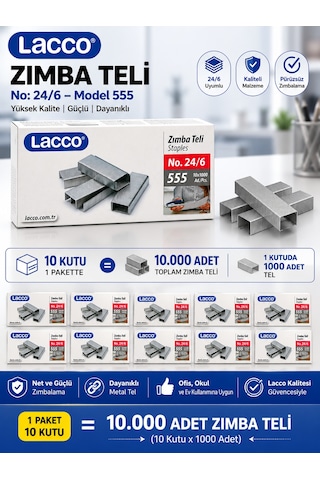 Lacco 24/6 Zımba Teli 10 Kutu 10000 Adet No:555 Metal Zımba Teli Ofis Okul Kırtasiye