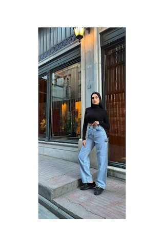 Kene Jeans Yüksek Bel Buz Kar Yan Kemer Tokalı Kargo Cep/baggy Bol Paça Jeans Buz Kar