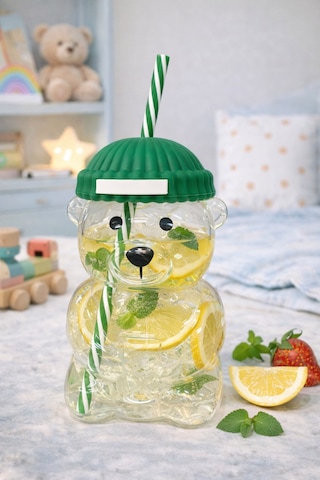 Bearista Ayıcık Pipetli Borosilikat Bardak 580 Ml Yeşil Soğuk İçecek & Kahve Yeşil