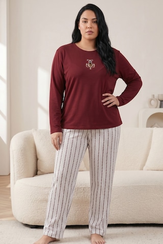 Siyah İnci Pamuklu Likralı Büyük Beden Battal Boy Örme Pijama Takım26240953 Bordo