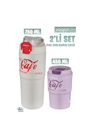 Vagonlife 2'li Çelik Termos-kahve Bardağı Seti 750ml Çift Kullanım Termos//450ml Mug Kahve Bardağı Beyaz - Mor