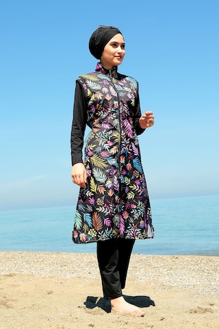 Tam Kapalı Tesettür Mayo Deniz Mayosu Renkli Çiçekler Td21-249 Siyah Siyah