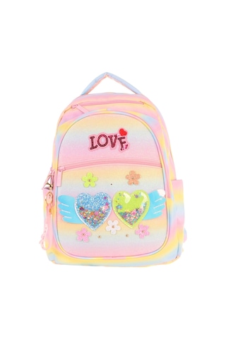 Kaukko Kids Simli Kalp Ve Çiçek Detaylı Kız Çocuk Dört Bölmeli Okul Çantası - L5213 Sarı - Pembe