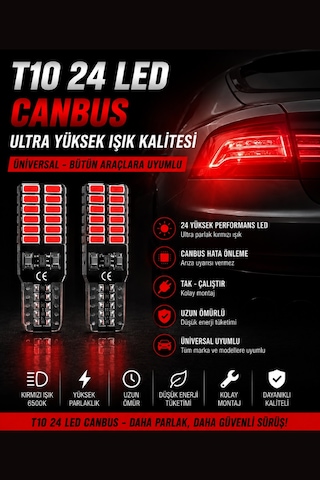 T10 24 Led Canbus Kırmızı Ampul Yüksek Parlaklık W5w Park Ve Plaka Led 2 Adet