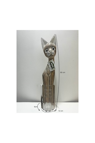 Ahşap Dekoratif Kedi 60 Cm K.kahve Otantik El Yapımı Biblo