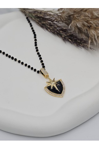 Siyah Taşlı Dorika Boncuklu Çelik Kalkan Kolye Siyah