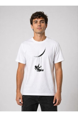 Novalisse Erkek Astronot Ay Temalı Tişört Kısa Kol Yazlık Bisiklet Yaka T-shirt - Beyaz Çoklu Renk