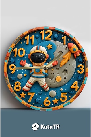 Astronot Ve Ay Temalı Mdf Çocuk Duvar Saati 3d Görünümlü, 2d Hd Baskı, Sessiz Mekanizma Sdw239 Renkli