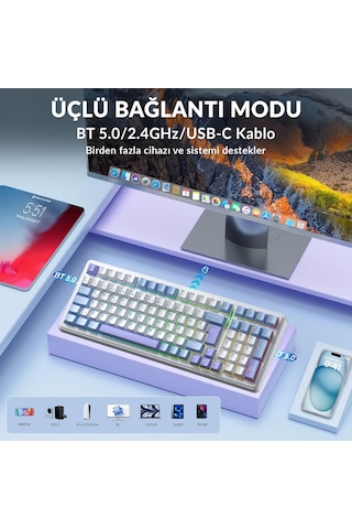 Aula F99 Mekanik Rgb Graywood V4 Switch 3 Modlu Kablosuz Makrolu Hot Swap Türkçe Q Klavye Mavi