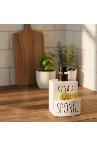 Beyaz Seramik Sıvı Sabunluk Ve Süngerlik Seti 500 Ml Mutfak Ve Banyo Tezgahı İçin 2&apos Si 1 Arada Kaymaz Tabanlı, Şık Bulaşık Sabunu Dispenseri 000 Açık Krem