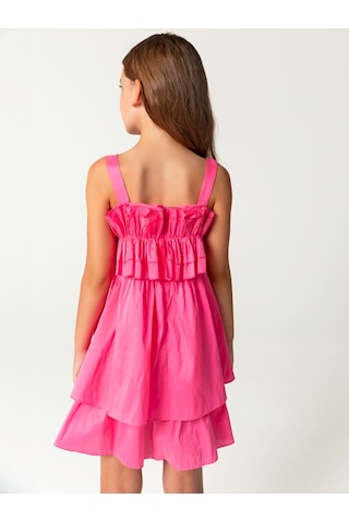 Sheshe Fırfır Göğüs Detaylı Pembe Askılı Kız Çocuk Elbise Renkli