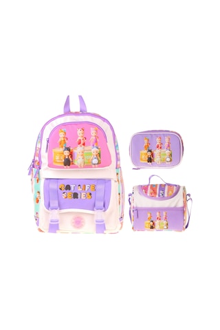 Kaukko Kids Cat Life Mor - Krem Renk Kız Çocuk Üçlü İlkokul Okul Çantası Seti/takımı - Setkk-l5313d