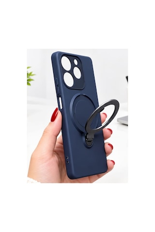 İnfinix Spark 10 Pro İle Uyumlu 360 Derece Dönebilen Kalın Metal Magsafe Halka Stantlı İçi Kadife Korumalı Ultra Lüx Premium Silikon Kılıf Lacivert