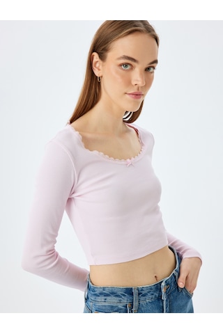 Koton Dantel Detaylı Uzun Kollu Slim Fit Crop Tişört Pembe 5sal10423ık Gül