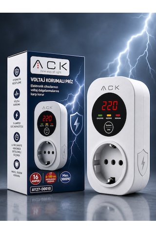 Ack Ay27-00010 Akım-gerilim Korumalı Prizi Tekli Beyaz 15a 140-275v 3000w Regülatör 0