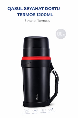 Qasul 1200ml Seyahat Termosu Paslanmaz Çelik, Sıcak & Soğuk Tutma Özellikli Büyük Boy Termos Siyah