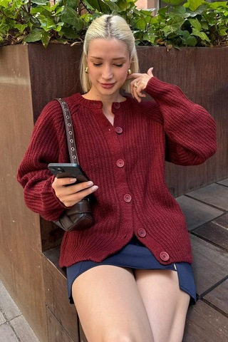 Bordo Bisiklet Yaka Selanik Örgü Düğmeli Kadın Hırka Mg2487 Bordo