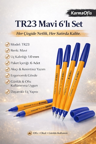 Tr23 Mavi Tükenmez Kalem 6 Lı Set 1.0 Mm Uç, Akıcı Yazım, Ofis & Okul Kullanımı Çok Renkli