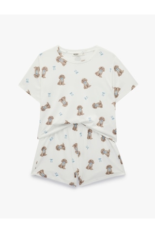 Koton Köpek Baskılı Rahat Kesim Köpek Baskılı Şortlu Pijama Takımı Bej Desenli 6slk40122mk Ekru