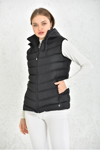 Wapp Unisex Çıkarılabilen Fermuarlı Kapüşonlu Günlük Şişme Yelek Siyah