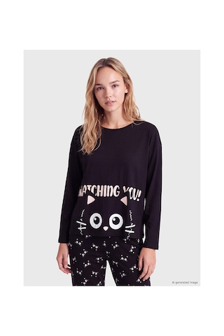 LC Waikiki Alıta Cıty Farkıyla Lcw Young Siyah Penye Baskılı Uzun Kollu Kadın Pijama Takım Siyah - 929503587 Siyah