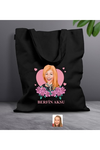 Bk Gift Kişiye Özel Anneler Günü Karikatürlü Siyah Kumaş Bez Çanta, Baskılı Omuz Çantası, Alışveriş Çantası, Anneye Hediye-2