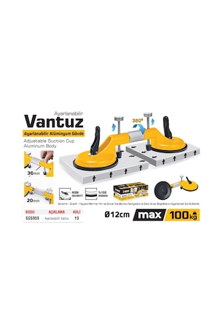 Sgs959 - 100 Kg İkili Ayarlanabilir Alüminyum Gövde Cam Seramik Fayans Ahşap Tutma Taşıma Vantuzu 12cm + 12cm
