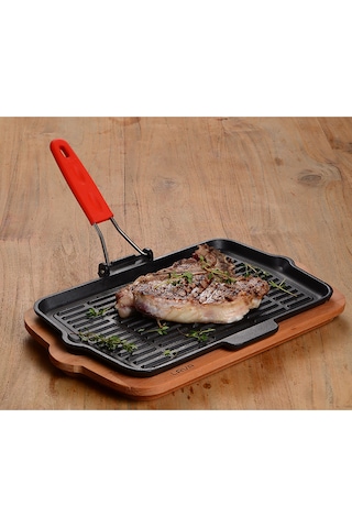 Lava Döküm Dikdörtgen Sığ Izgara Tavası Silikon Tel Saplı Ölçü 21x36cm. - Kırmızı