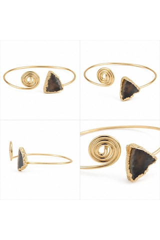 Doğal Gri Akik Taşlı Altın Tonlu Açık Uçlu Spiral Kadın Bileklik Gold