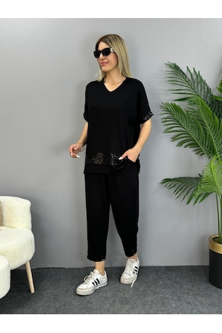 Asfstore Kadın Kısa Kollu V Yakalı Pul Payetli Viskon Iki Iplik Bluz Ve Pantolon Ikili Takım Siyah