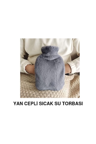 Sıcak Su Torbası Yan Cepli Gri Peluş Termofor 27x17x2cm 1 Litre Koyu Gri