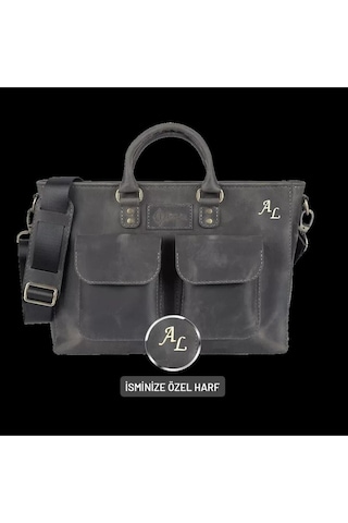 İsme Özel Askılı Cepli Evrak - Laptop Çantası - %100 Crazy Deri - Ac09003 - Antrasit-132280 Siyah