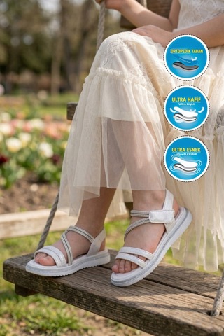 Ayakmod Beyaz Cırtlı Hafif Ortopedik Kız Çocuk Sandalet 26a94 F