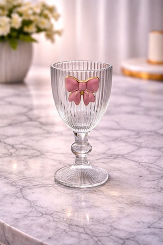 6 Lı Cam Pembe Fiyonk Kurdele Kahve Yanı Su Bardağı Bardak 75ml Şeffaf