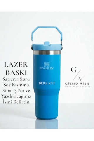 Stanley Kişiye Özel The Iceflow Flip Straw Pipetli Termos Bardak Stanley 0.89 L Özel İsimli Mavi