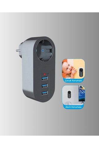 Isıya Dayanıklı 3 Usb Portlu Güvenlikli Priz - Akıllı Enerji Yönetimi