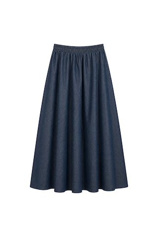 Mixray 4913 Kadın Beli Lastikli Pileli Dökümlü Midi Denim Etek Lacivert