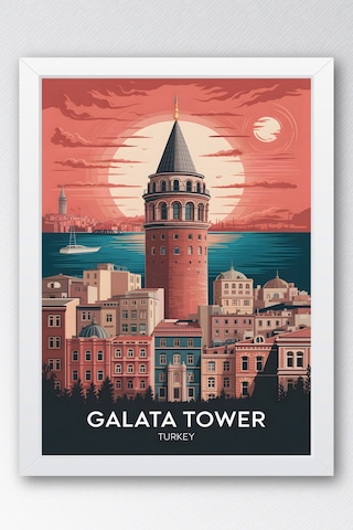 İstanbul Galata Kulesi Tablo - Retro Travel Poster - Şehir Serisi Duvar Dekoru - Çerçeveli Poster Beyaz