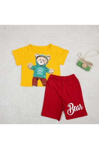 Momikon Erkek Çocuk Teddy Baskılı Pamuklu Takım Sarı