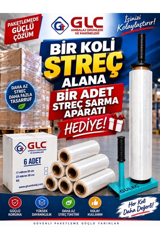 6 Adet 1 Koli 17 Mikron 300 Mt Palet Streç Film Alımına 1 Adet Streç Sarma Aparatı Hediye Turkuaz