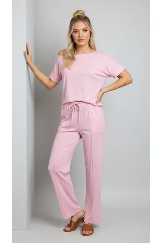 Park Karon 26022 Kadın Kayık Yaka Bluz Bağcıklı Pantolon Penye Alt Üst Takım Pembe