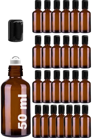 Çelik Roll On Şişesi 50 ML Sızdırmaz Siyah Kapaklı Amber Cam Şişe 25 Adet