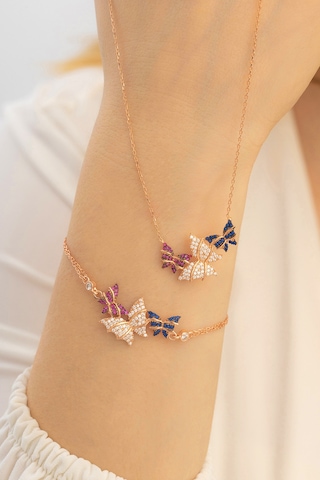 Rose Kelebek Model Gümüş Kolye Bileklik Set