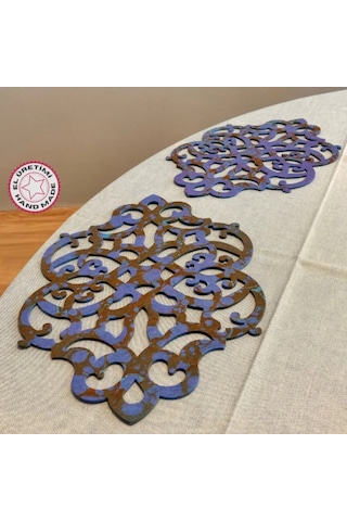 Uretti - Gülin 6449 - Ebru Sanatı İle Elde Yapılmış Lazer Kesim Keçe Supla 2li Takım 40cm - Mavi Mavi