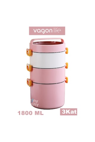Vagonlife Lunch Box 3 Katlı Büyük Boy 1800 Ml Ofis-okul İçin Yeni Nesil Sefer Tası-fflbox3kat1800ml Pembe
