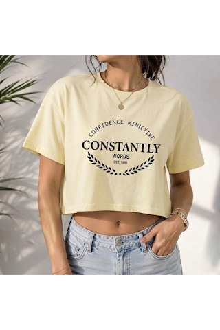Kadın Kısa Oversize Baskılı T-shirt Sarı